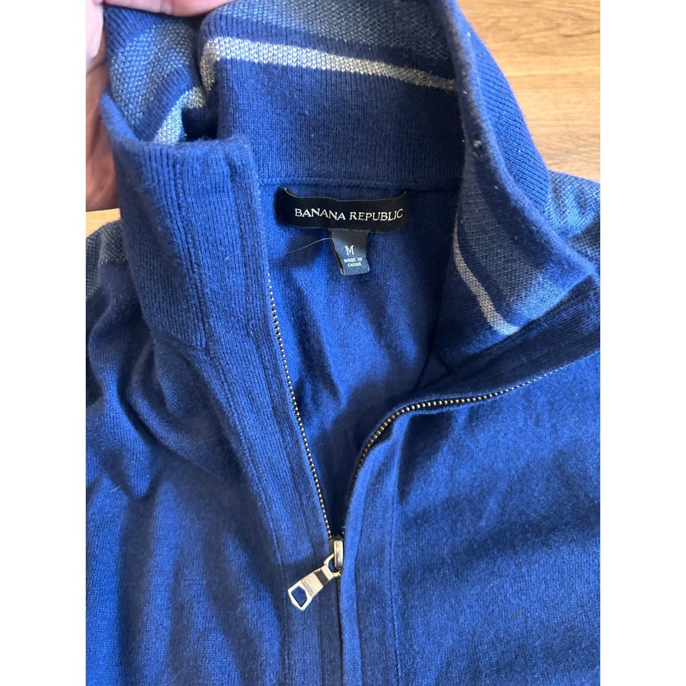 Banana Republic Mens Silk Blend Full Zip Sweater Blue Mock Neck Striped Detail M - Picture 2 of 4